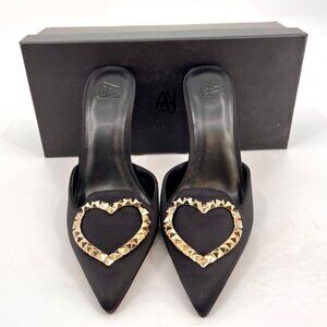 AAJ by Aminah Aviva Heart Mule Pumps Size 8M Black Microfiber Fabric Pointed Toe